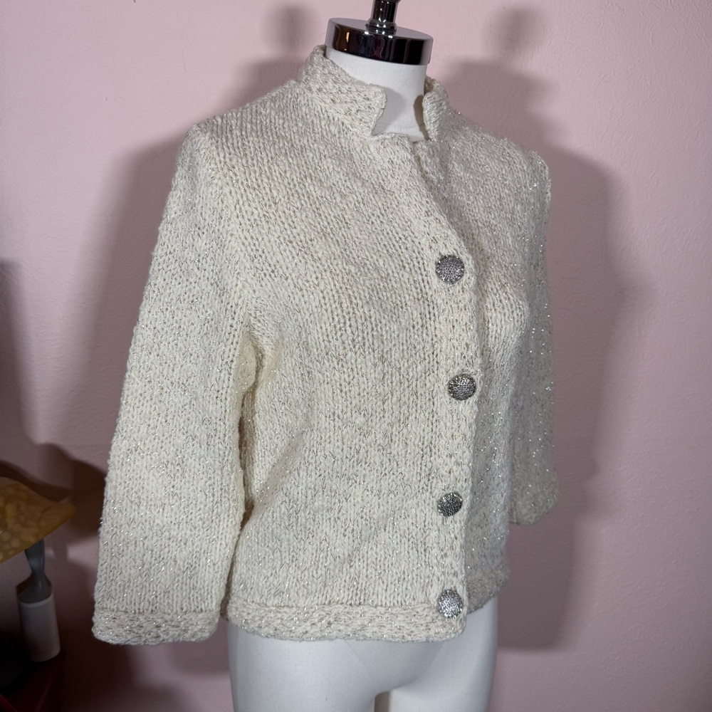 Vintage 1940 50 Retro Deco Cream wool Silver Metallic Cardigan sweater Jacket - Picture 6 of 17
